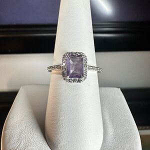 NWOT 7x5mm emerald cut Amethyst w/ halo accent cz diamonds in 925 ring!